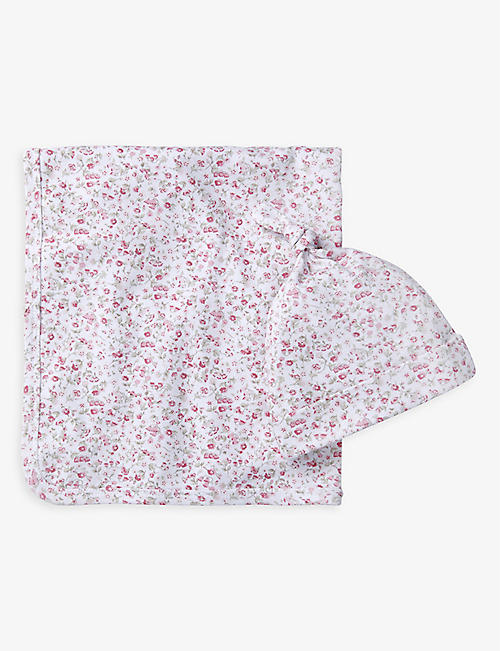 THE LITTLE WHITE COMPANY: Phoebe floral-print organic-cotton blanket and hat set 0-12 months