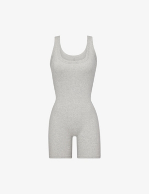 Skims Slim-fit Ribbed Stretch-cotton Playsuit In Grey
