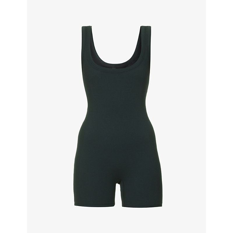 Skims Slim-fit Ribbed Stretch-cotton Playsuit In Soot