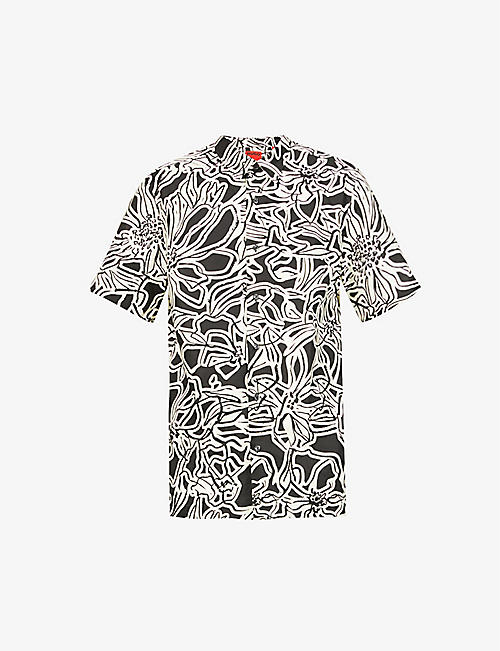 HUGO: Graphic-print cotton-poplin shirt