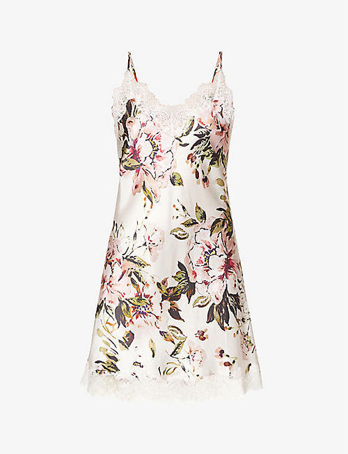 SAINTED SISTERS: Scarlett floral-printed lace-trimmed silk-satin chemise
