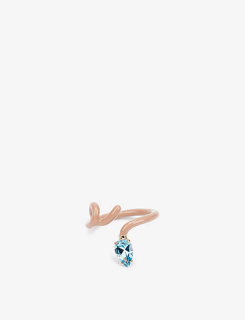 BEA BONGIASCA: Baby Vine Tendril 9ct rose gold, enamel-plated sterling silver and topaz ring