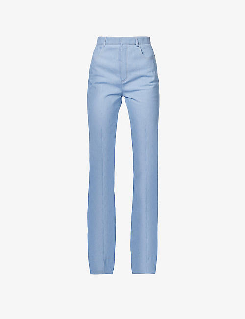 SAINT LAURENT: Contrast-stitch pressed-crease flared-leg high-rise cotton trousers