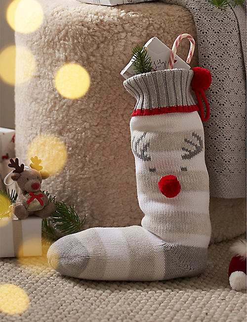 THE LITTLE WHITE COMPANY: Jingles Reindeer striped pompom-embellished cotton-knit Christmas stocking