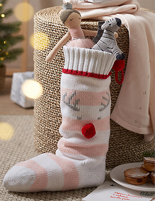 THE LITTLE WHITE COMPANY: Jingles Reindeer striped pompom-embellished cotton-knit Christmas stocking