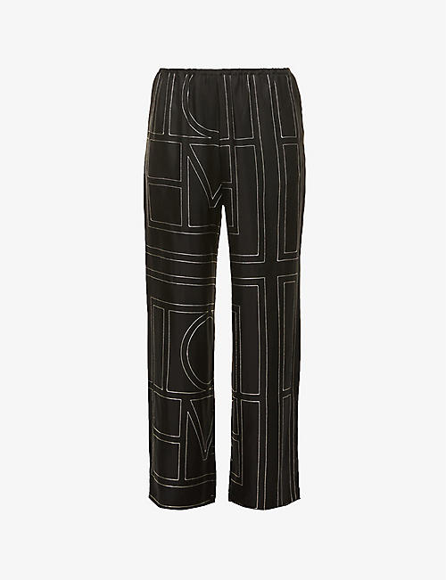 TOTEME: Monogram geometric-embroidered wide-leg high-rise silk-satin pyjama bottoms
