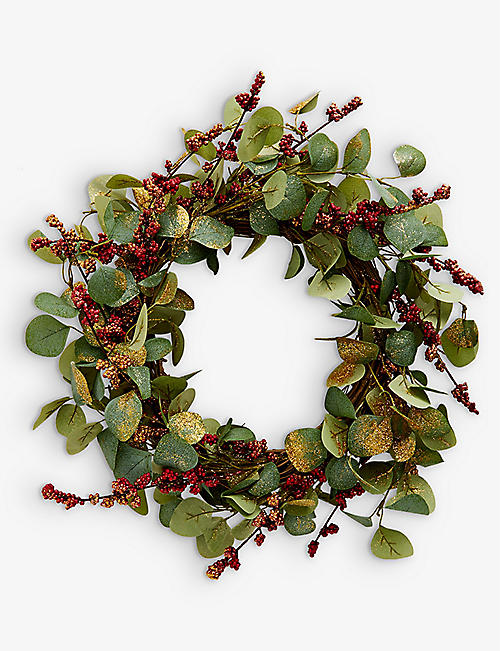 CHRISTMAS: Glittered artificial-leaf and berry-embellished woven Christmas wreath 32cm