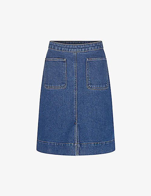 SOEUR: Minorque slip pocket stretch-denim midi skirt