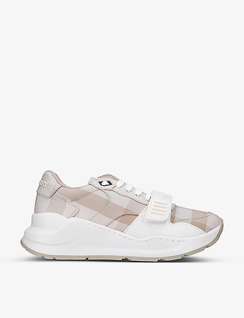 BURBERRY: Ramsey check-print cotton and leather low-top trainers