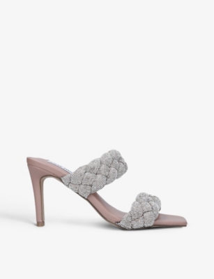 Steve Madden Tlc-r Rhinestone-encrusted Plaited-strap Heeled Mules In Silver