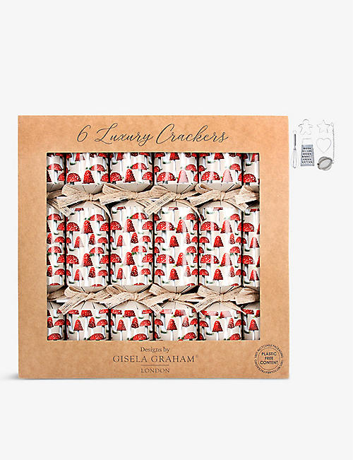 CHRISTMAS: Red Toadstool printed paper Christmas crackers pack of six