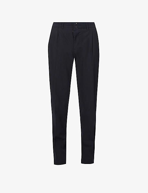 SLOWEAR: Pleated slim-fit straight cotton and linen-blend trousers