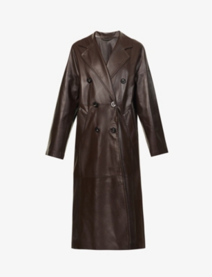 Max Mara Ussuri Double Breasted Leather Long Coat In Dark Brown