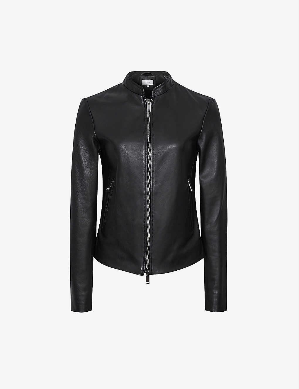 Reiss Womens Black Allie Slim-fit Leather Biker Jacket