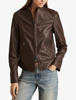 Reiss Womens Chocolate Brown Allie Slim-fit Leather Biker Jacket