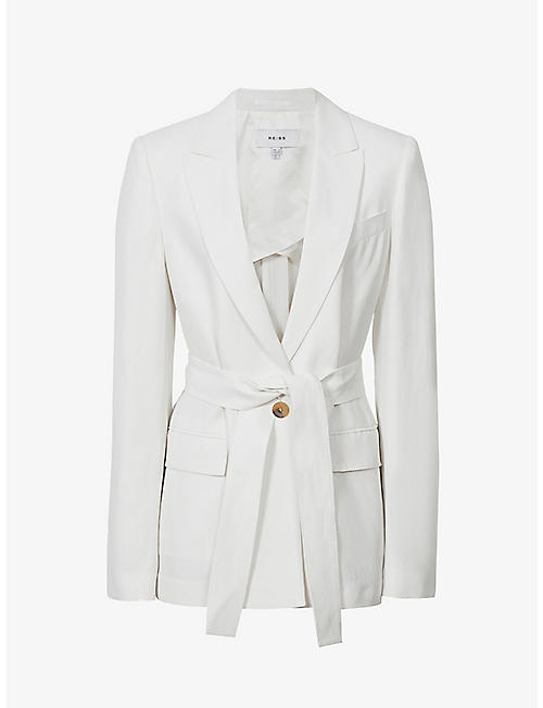 REISS: Bea tie-detail linen-blend blazer