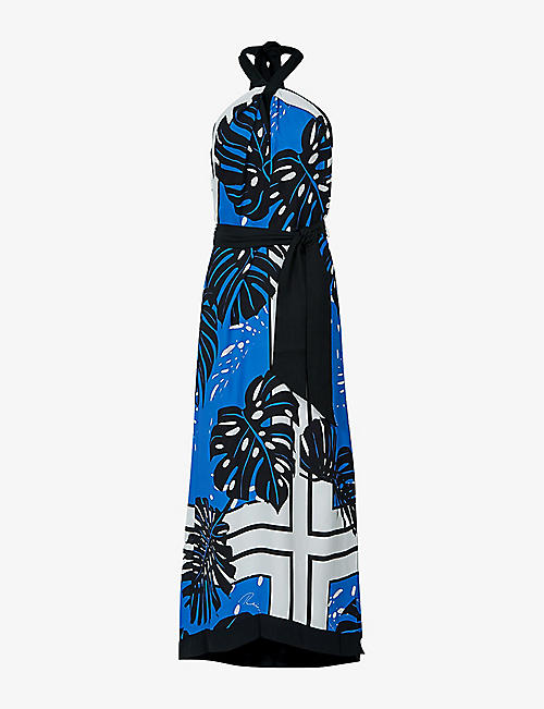 REISS: Erin palm-print halter-neck woven dress