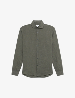 Reiss Mens Olive Ruban Regular-fit Linen Shirt
