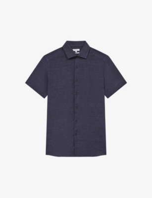 Reiss Mens Navy Holiday Slim-fit Linen Shirt