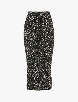 Whistles Sahara Leopard-print Ruched Crepe Midi Skirt In Black