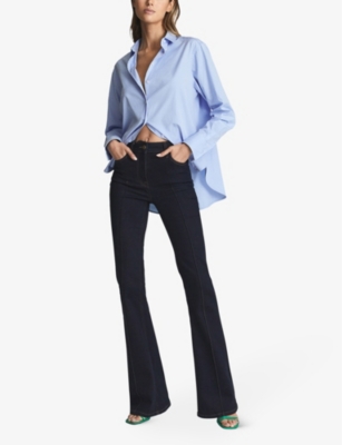 Shop Reiss Women's Blue Jenny Pearlescent-button Cotton-poplin Shirt