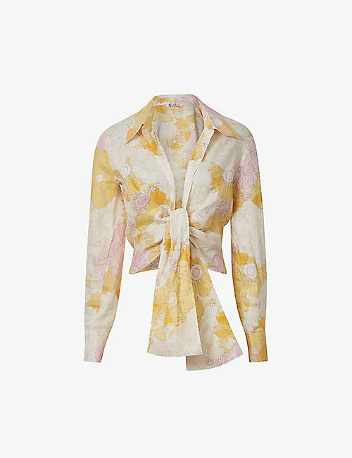 REISS: Corinne floral-print tie-waist linen shirt
