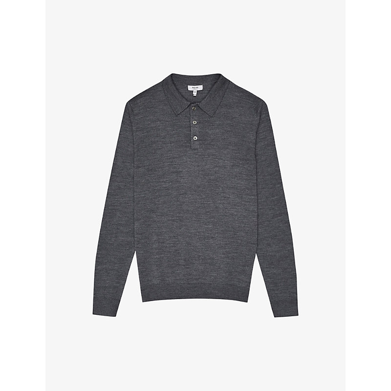 Shop Reiss Mens Mid Grey Melang Trafford Merino Wool Polo Shirt