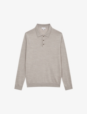 Reiss Mens Wheat Melange Trafford Merino Wool Polo Shirt