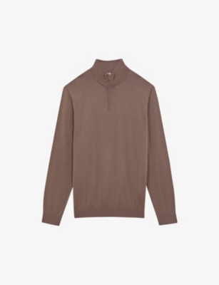 Reiss Blackhall - Brown Sugar Merino Wool Zip Neck Jumper, M