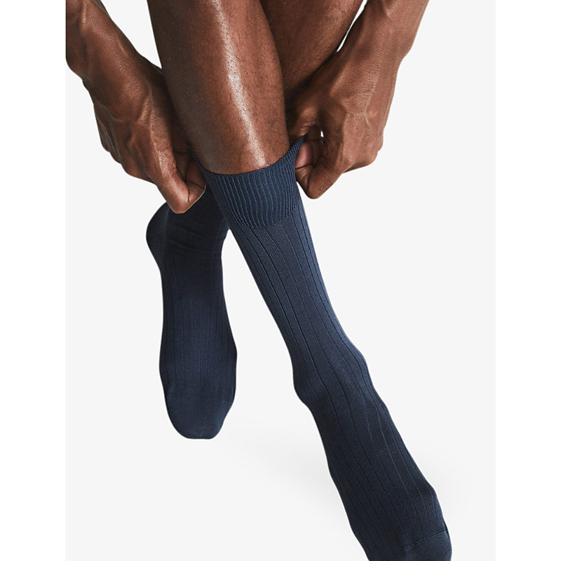 Shop Reiss Fela Ribbed Stretch-cotton Socks In Airforce Blue