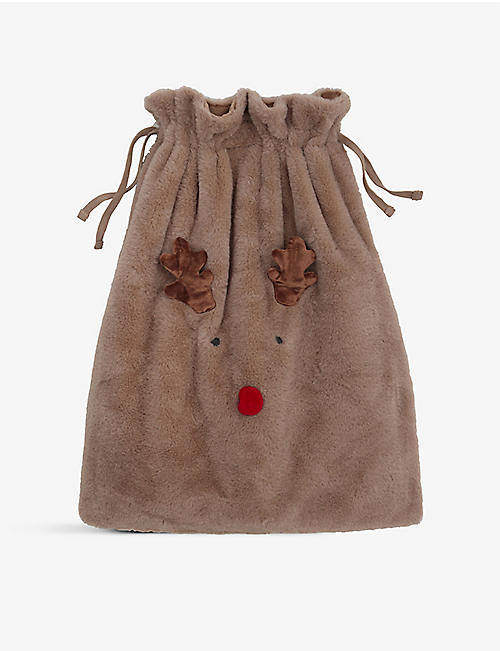THE LITTLE WHITE COMPANY: Jingles Reindeer LED-nose faux-fur Christmas present sack