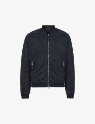 Shop Allsaints Men's Dark Ink Lows Logo-embroidered Padded Organic-cotton Bomber Jacket