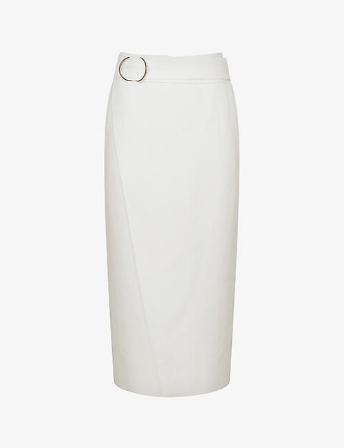REISS: Alora belt-detail wrap-style linen midi skirt