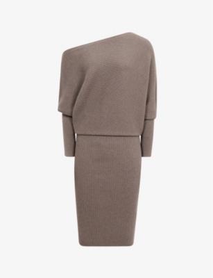 Reiss Lara Ribbed Off-the-shoulder Minidress In Mink