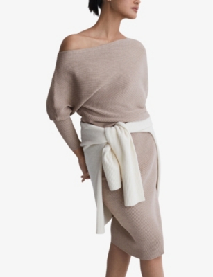 Shop Reiss Women's Neutral Lara Off-the-shoulder Stretch-knit Midi Dress