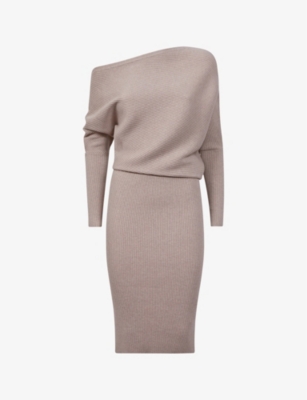 Shop Reiss Womens Neutral Lara Off-the-shoulder Stretch-knit Midi Dress