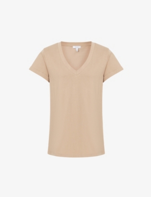 Reiss Womens Camel Luana V-neck Cotton-jersey T-shirt