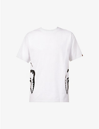 A BATHING APE: Shark-print ribbed-trim cotton-jersey T-shirt