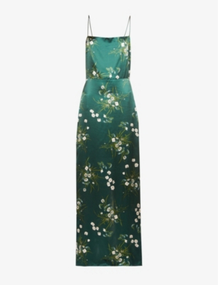 Reformation Frankie Shirred Floral-print Silk-satin Maxi Dress In Buena