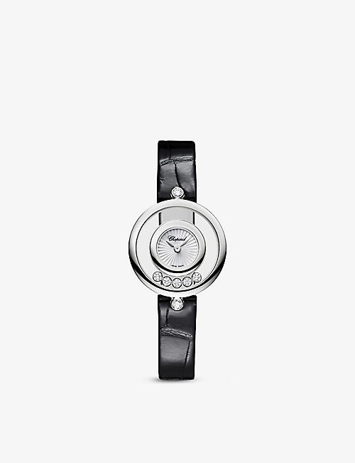 CHOPARD: 209415-1001 Happy Diamonds Icons 18ct white-gold, 0.4ct diamond and alligator-embossed leather quartz watch