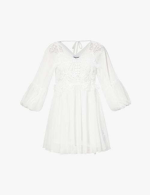 SELF PORTRAIT: Macrame georgette chiffon mini dress