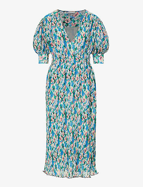 GANNI: Floral-print V-neck recycled-polyester midi dress