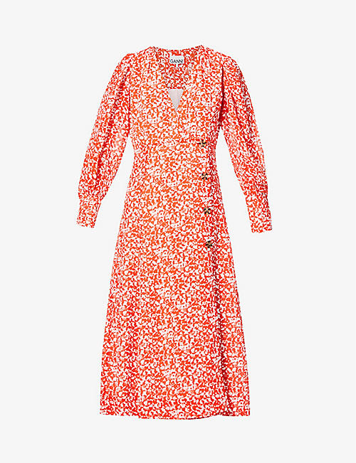 GANNI: Floral-print recycled-polyester midi dress