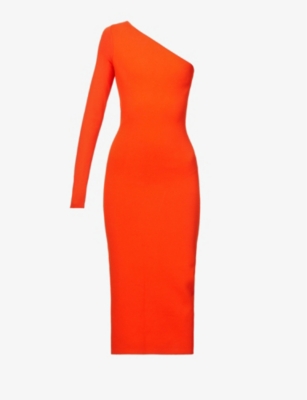 VICTORIA BECKHAM VICTORIA BECKHAM WOMEN'S ORANGE ONE-SLEEVE STRETCH-WOVEN MIDI DRESS,58334745