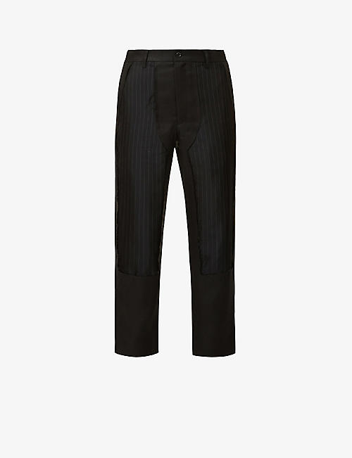 BLACK COMME DES GARCON: Contrast-striped tapered-leg mid-rise woven twill trousers