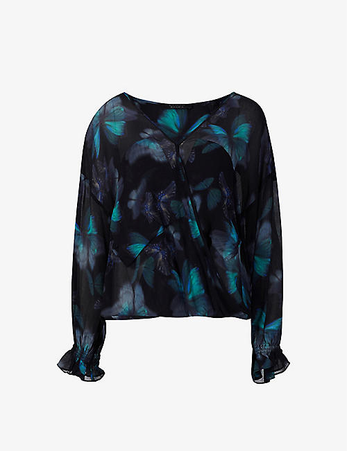 ALLSAINTS: Penny butterfly-print wrap-over woven blouse
