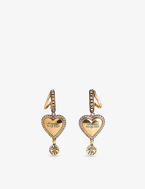 ALEXANDER MCQUEEN: Heart-shaped brass and Swarovski crystal earrings