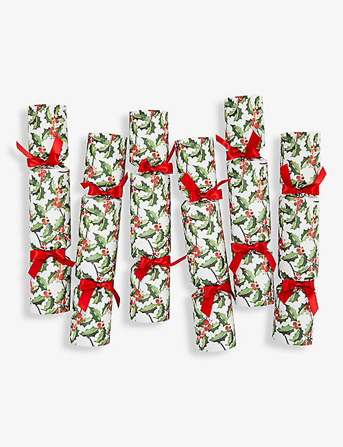 CHRISTMAS: Green Holly botanical-print paper Christmas crackers pack of six