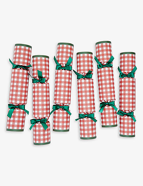 CHRISTMAS: Gingham print paper Christmas crackers pack of six