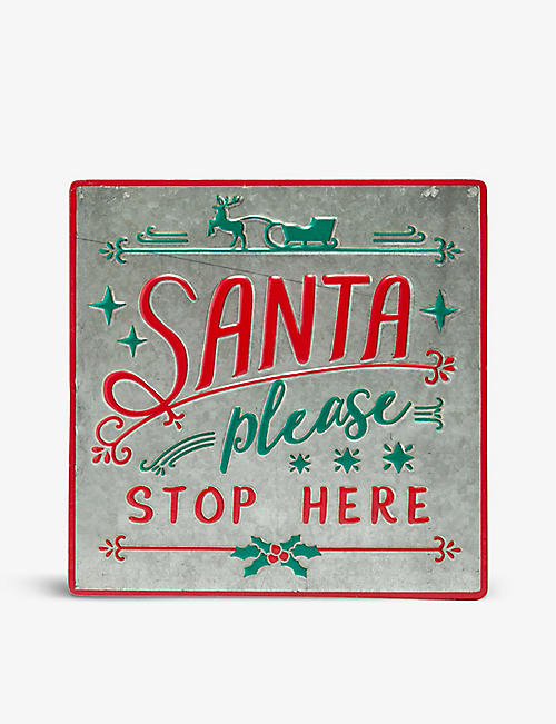 圣诞节：Santa Stop Here 压花印花金属标志 30.5 厘米 x 30.5 厘米